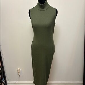 Calvin Klein Olive Green Sleeveless Turtleneck Midi Dress